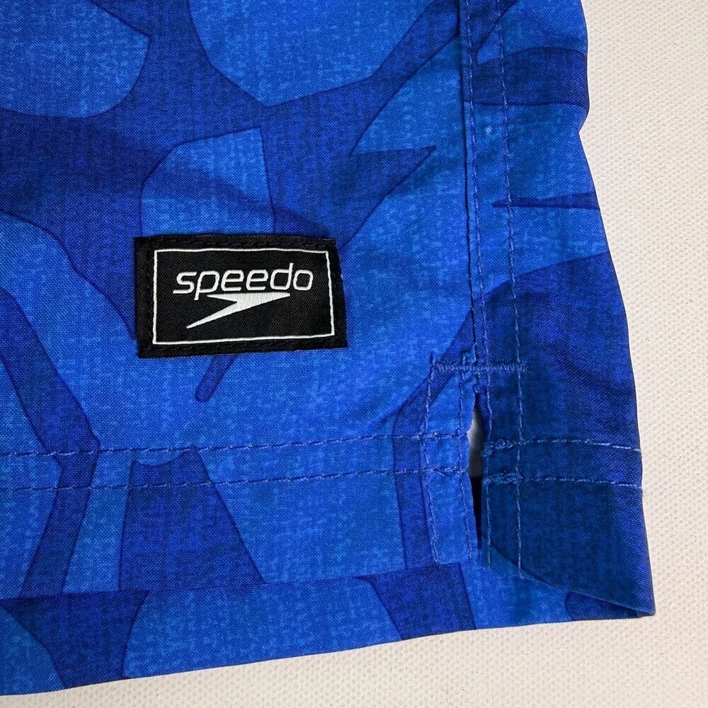 Speedo Men's Swim Trunks Size L Royal Blue Lime Green Geometric Pockets Lined